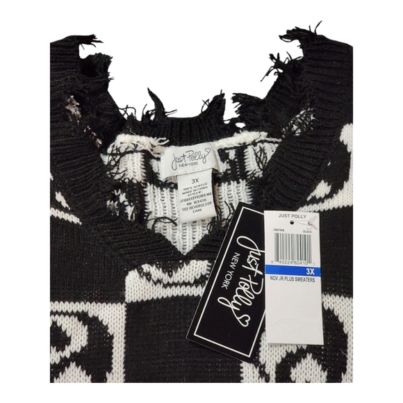 Just Polly Trendy Women's Plus Size 3X Black Yin Yang Distressed Sweater NEW - Picture 7 of 7